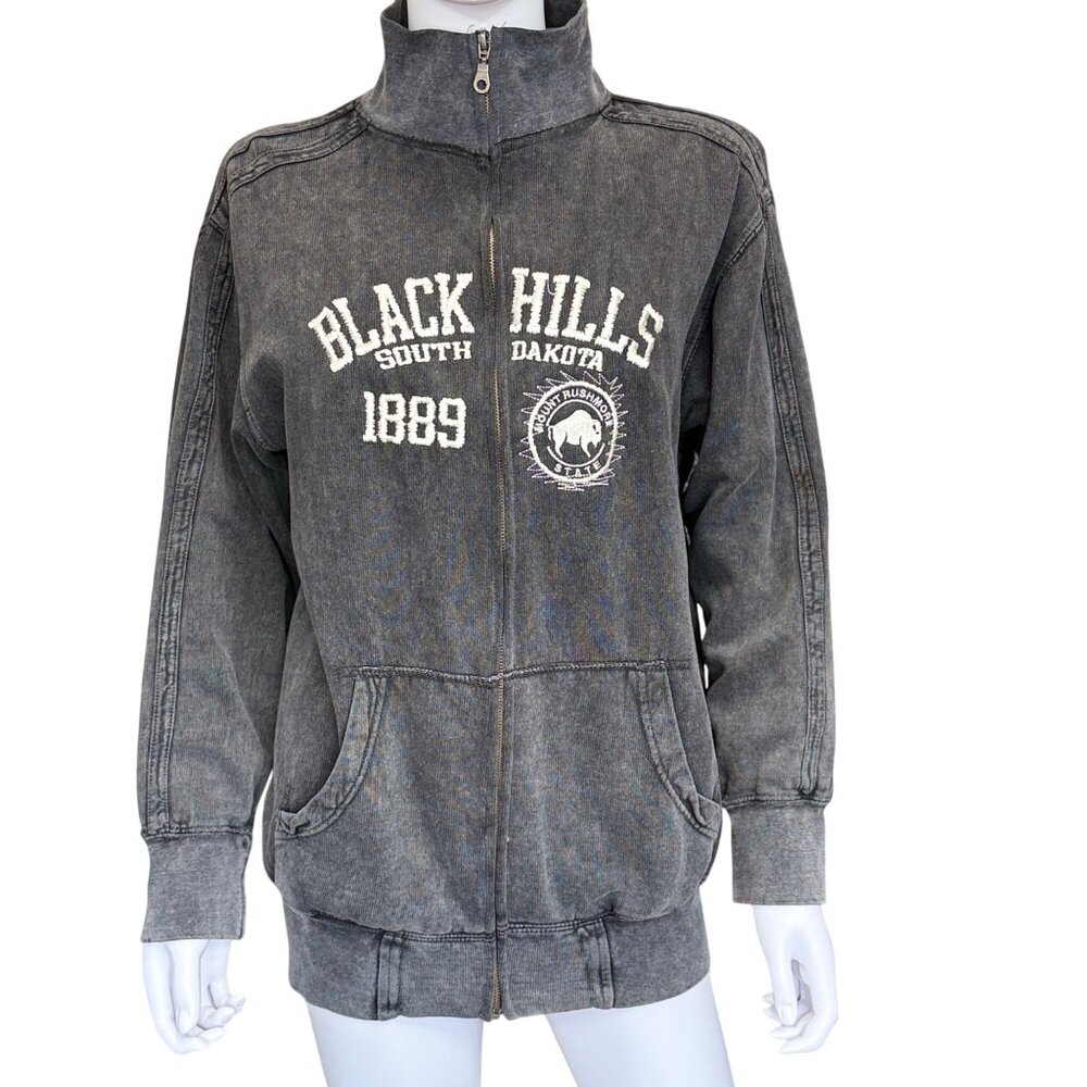 Basix Vintage Black Zip-Up Sweatshirt Jacket w/ Embroidered Detail Womens Sz M
